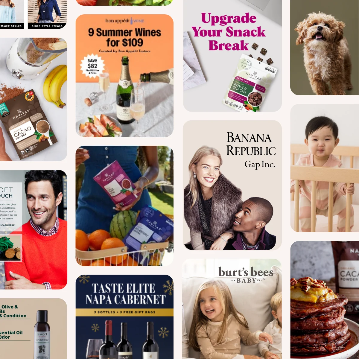 A collage of marketing work Heather Aho has led, including Navitas Organics, Bon Appétit Wine, Le Woof, and apparel and retail campaigns